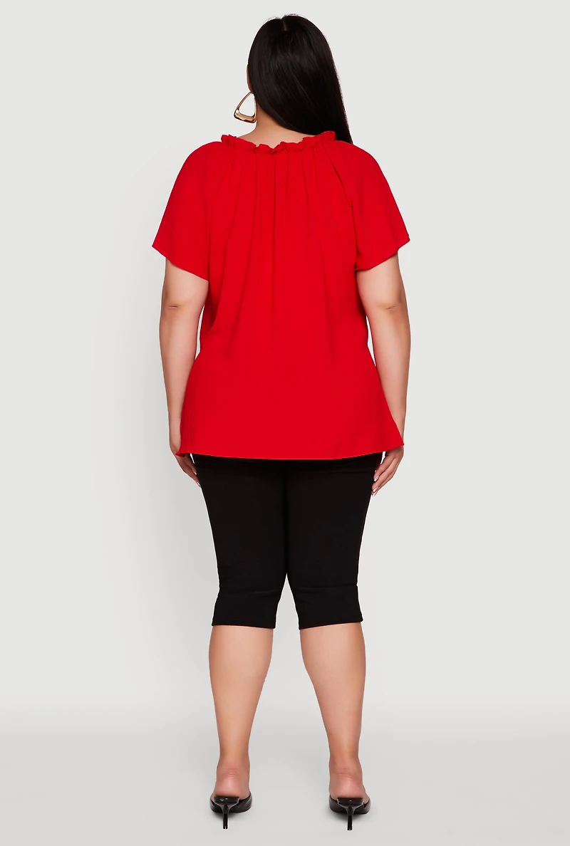 Womens Plus Size Flutter Sleeve Side Slit V Neck Blouse, Red, Size 2X