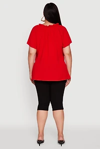 Womens Plus Size Flutter Sleeve Side Slit V Neck Blouse, Red, Size 2X