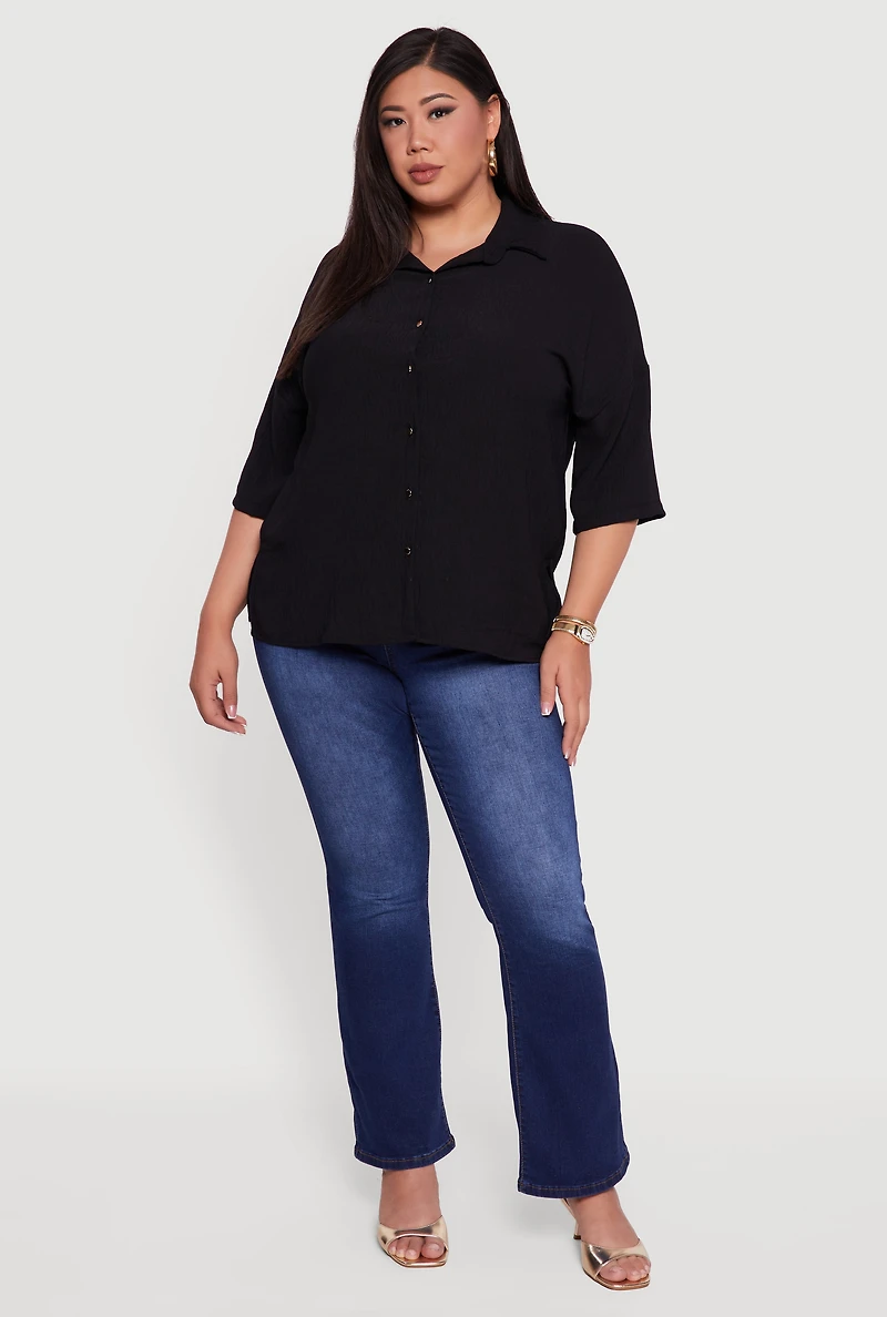 Womens Plus Crepe Knit Boxy Button Front Shirt,