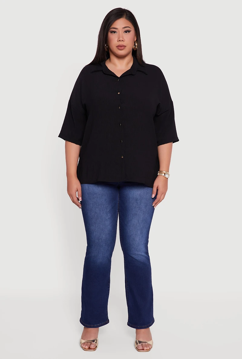Womens Plus Crepe Knit Boxy Button Front Shirt,