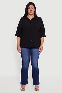 Womens Plus Crepe Knit Boxy Button Front Shirt,