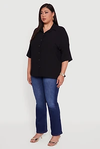 Womens Plus Crepe Knit Boxy Button Front Shirt,