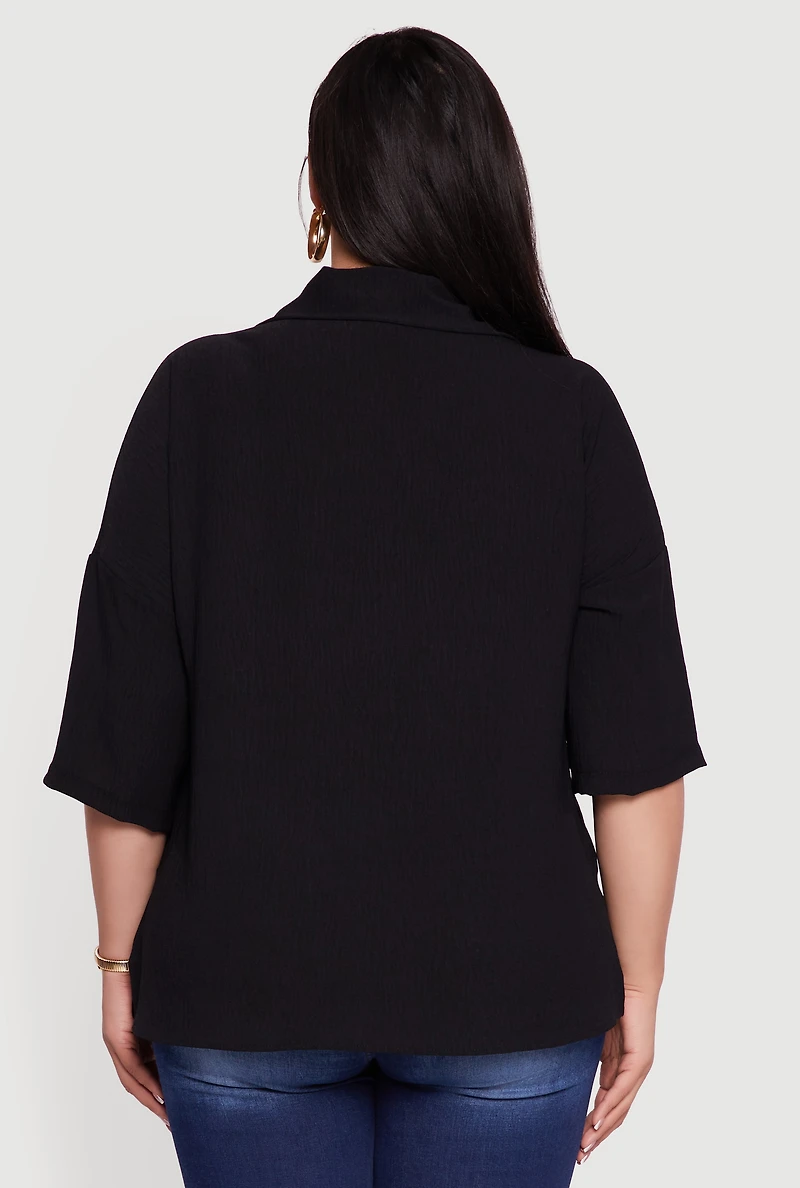 Womens Plus Crepe Knit Boxy Button Front Shirt,