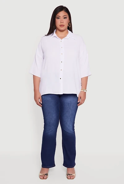 Womens Plus Size Crepe Knit Boxy Button Front Shirt, White, Size 2X