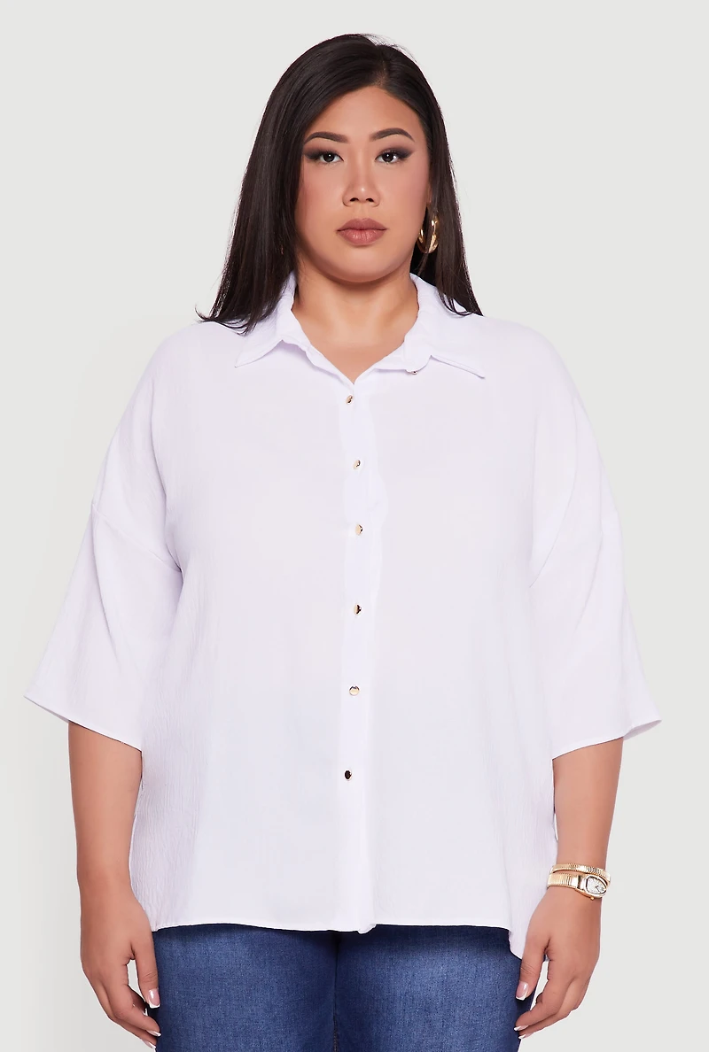 Womens Plus Size Crepe Knit Boxy Button Front Shirt, White, Size 2X