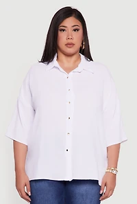 Womens Plus Size Crepe Knit Boxy Button Front Shirt, White, Size 2X