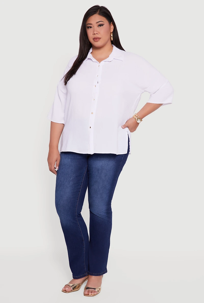 Plus Crepe Knit Boxy Button Front Shirt