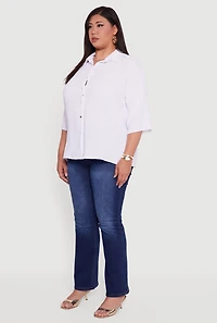 Womens Plus Size Crepe Knit Boxy Button Front Shirt, White, Size 2X