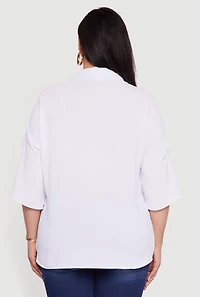 Womens Plus Size Crepe Knit Boxy Button Front Shirt, White, Size 2X