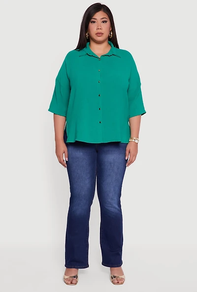 Womens Plus Crepe Knit Boxy Button Front Shirt,