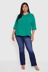 Womens Plus Crepe Knit Boxy Button Front Shirt, Green,