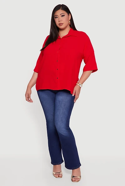 Womens Plus Crepe Knit Boxy Button Front Shirt,