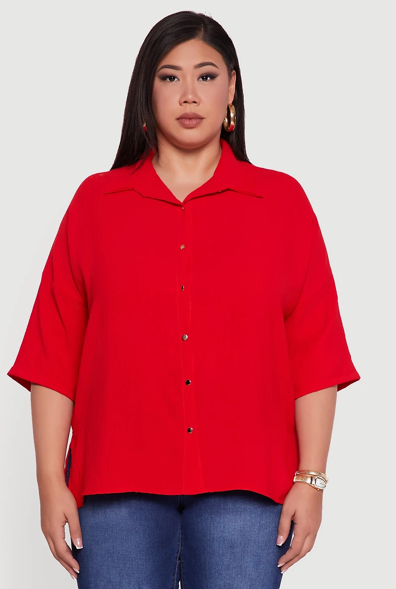 Womens Plus Size Crepe Knit Boxy Button Front Shirt, Red, Size 3X