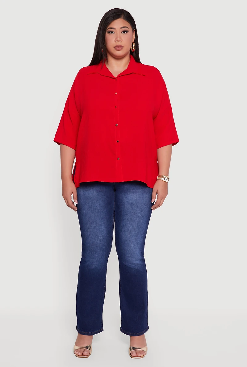 Womens Plus Size Crepe Knit Boxy Button Front Shirt, Red, Size 3X