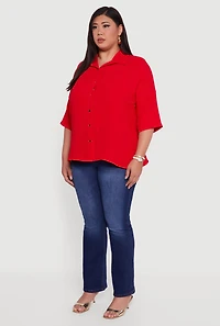 Womens Plus Size Crepe Knit Boxy Button Front Shirt, Red, Size 3X