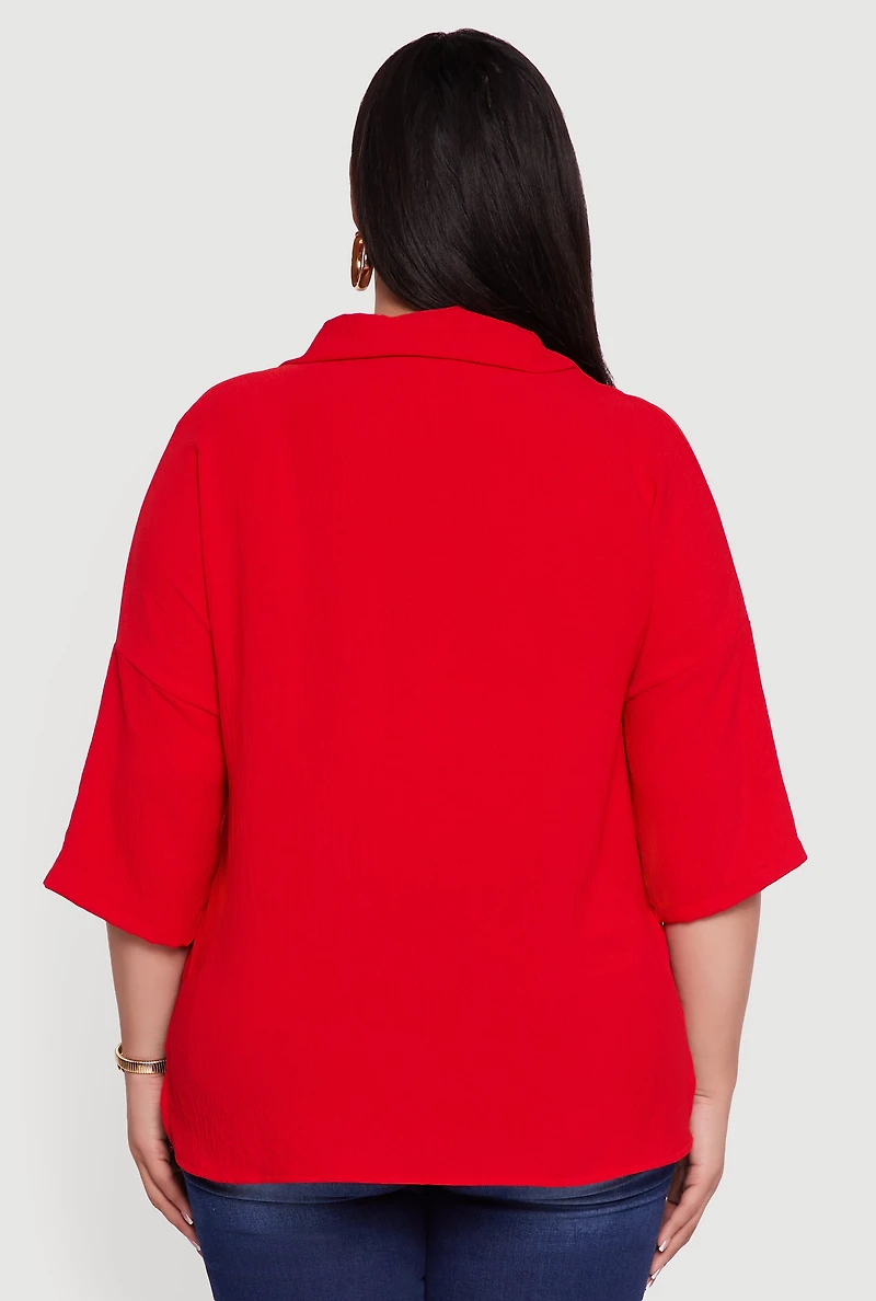 Womens Plus Size Crepe Knit Boxy Button Front Shirt, Red, Size 3X
