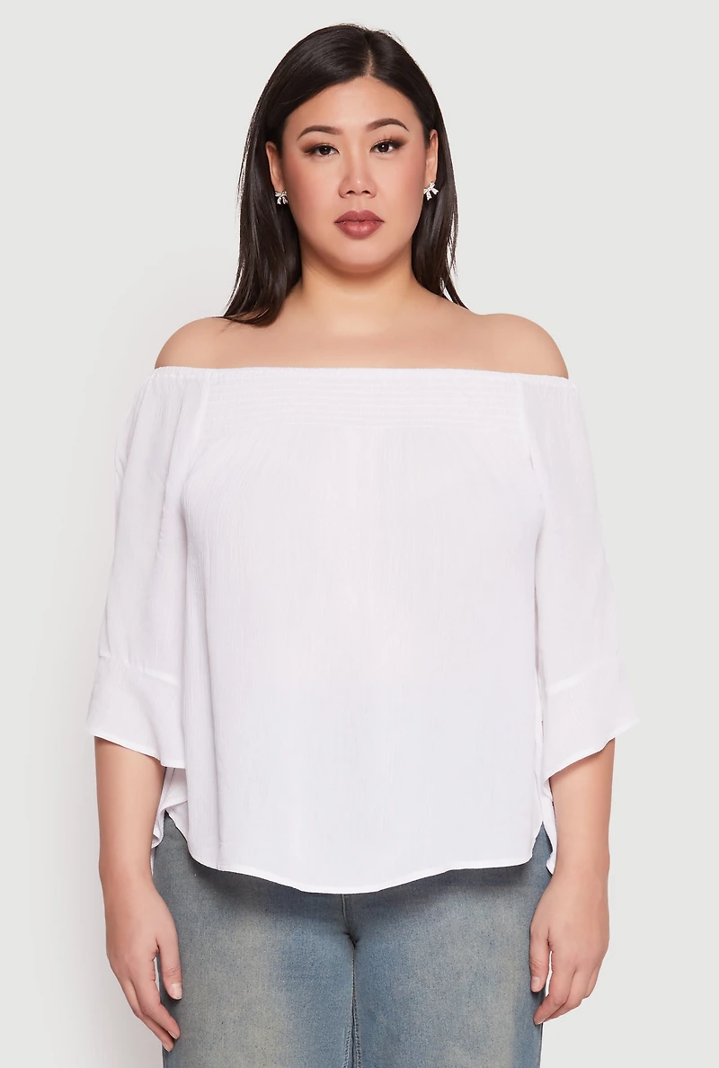 Womens Plus Size Smocked Off the Shoulder Blouse, White, Size 1X