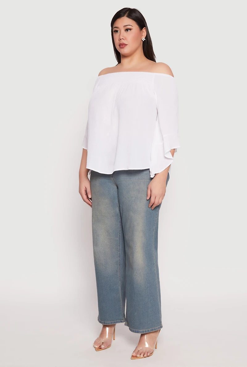 Womens Plus Size Smocked Off the Shoulder Blouse, White, Size 1X