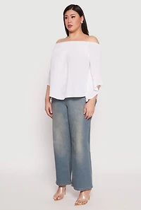 Womens Plus Size Smocked Off the Shoulder Blouse, White, Size 1X