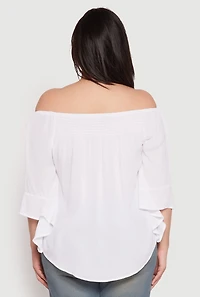 Womens Plus Size Smocked Off the Shoulder Blouse, White, Size 1X