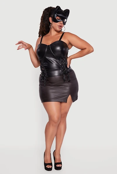 Womens Plus Satin Smocked Back Faux Leather Bustier Top,