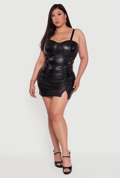 Womens Plus Satin Smocked Back Faux Leather Bustier Top, Black,