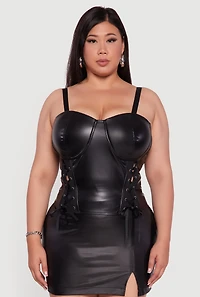 Womens Plus Size Satin Smocked Back Faux Leather Bustier Top, Black, Size 2X