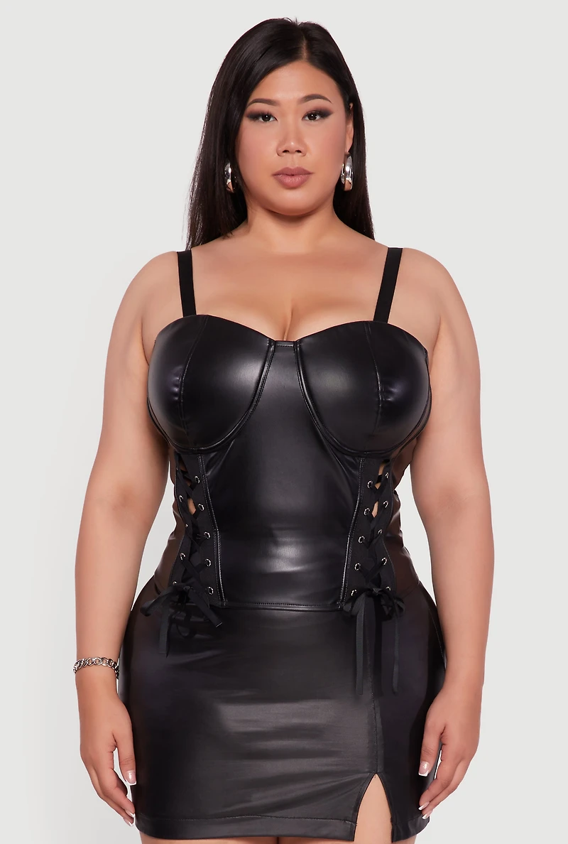 Womens Plus Satin Smocked Back Faux Leather Bustier Top, Black,