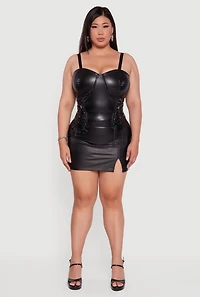 Womens Plus Size Satin Smocked Back Faux Leather Bustier Top, Black, Size 2X