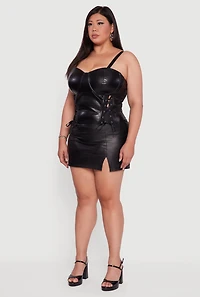 Womens Plus Satin Smocked Back Faux Leather Bustier Top,