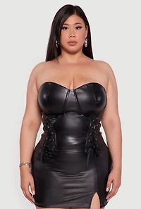 Womens Plus Size Satin Smocked Back Faux Leather Bustier Top, Black, Size 2X