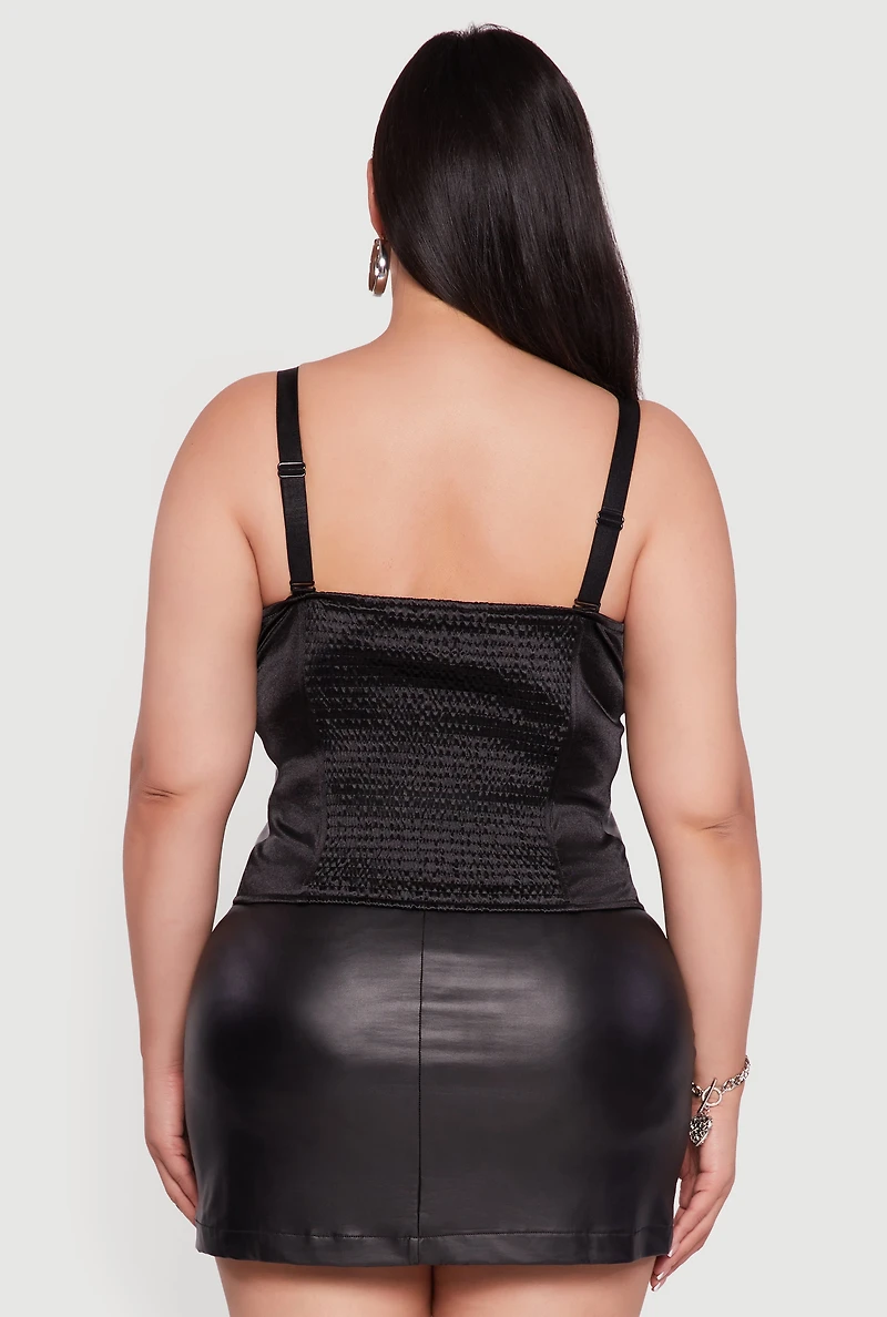Womens Plus Size Satin Smocked Back Faux Leather Bustier Top, Black, Size 2X