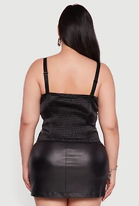 Womens Plus Satin Smocked Back Faux Leather Bustier Top, Black,