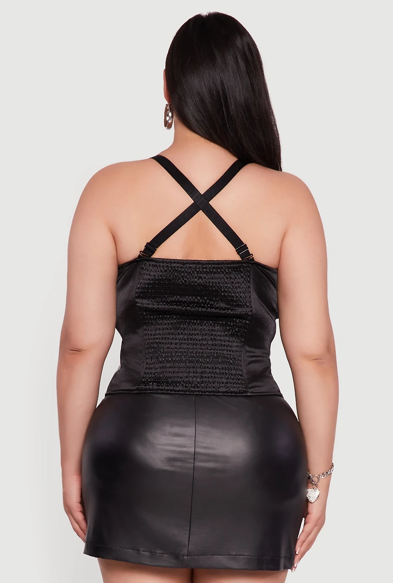 Womens Plus Size Satin Smocked Back Faux Leather Bustier Top, Black, Size 2X