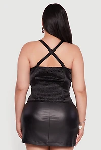Womens Plus Satin Smocked Back Faux Leather Bustier Top, Black,