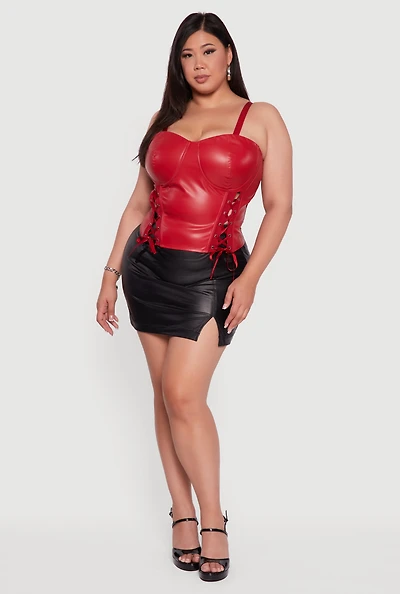 Plus Satin Smocked Back Faux Leather Bustier Top