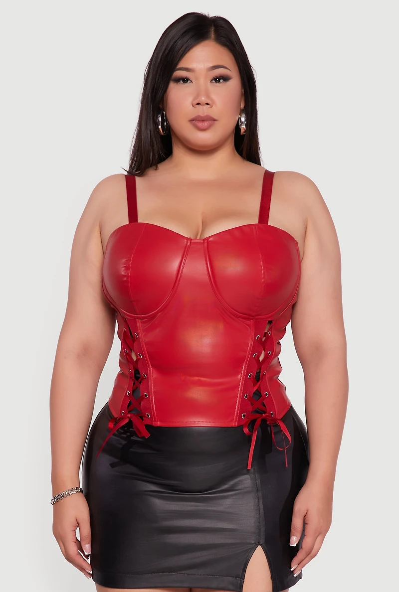 Womens Plus Satin Smocked Back Faux Leather Bustier Top, Red,