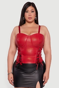 Womens Plus Satin Smocked Back Faux Leather Bustier Top, Red,