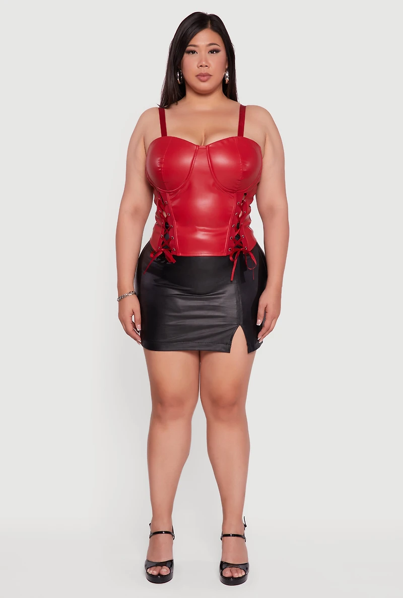 Womens Plus Satin Smocked Back Faux Leather Bustier Top, Red,