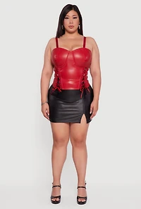 Womens Plus Satin Smocked Back Faux Leather Bustier Top, Red,