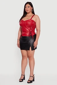 Womens Plus Satin Smocked Back Faux Leather Bustier Top, Red,