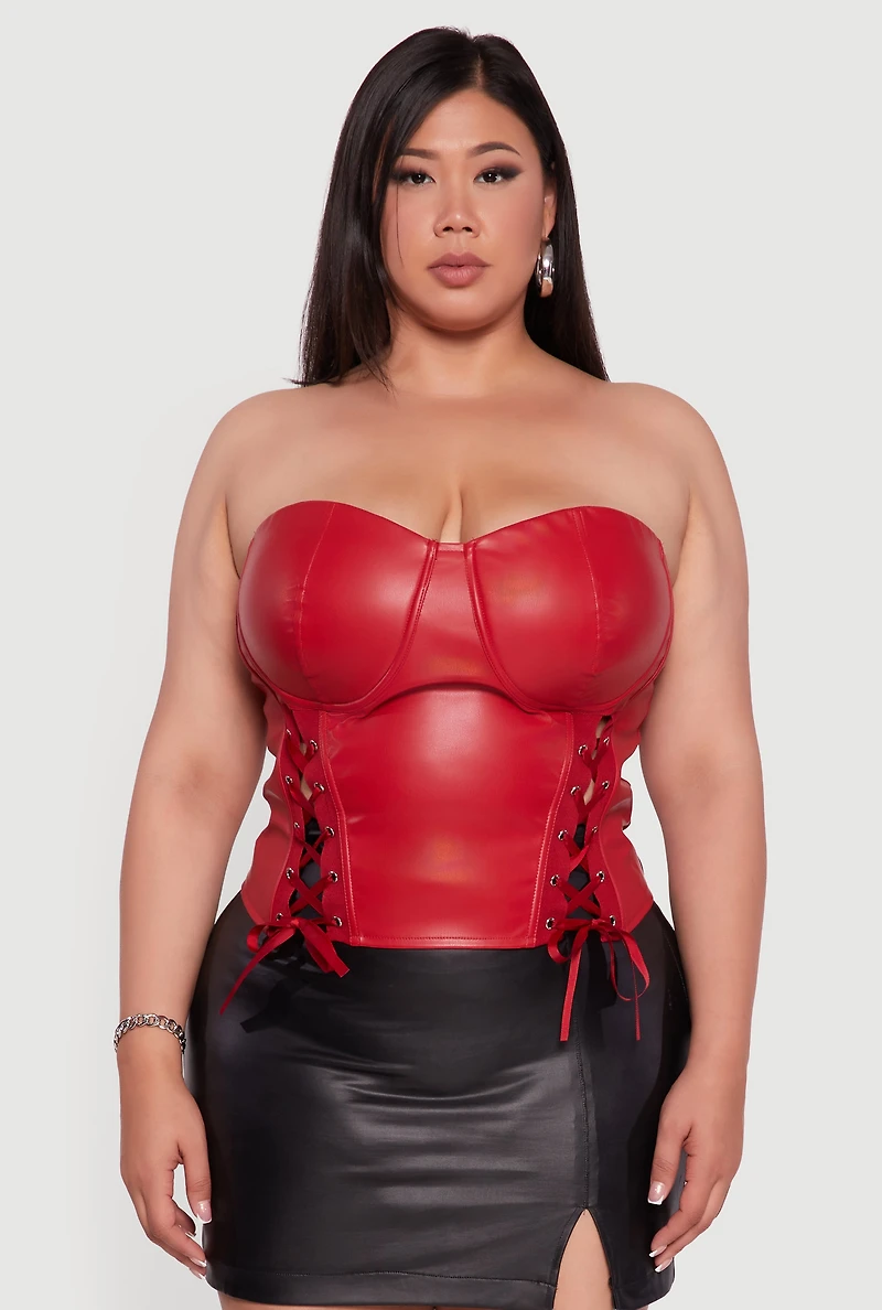 Womens Plus Satin Smocked Back Faux Leather Bustier Top, Red,