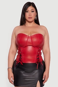Womens Plus Satin Smocked Back Faux Leather Bustier Top, Red,