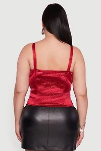 Womens Plus Satin Smocked Back Faux Leather Bustier Top, Red,