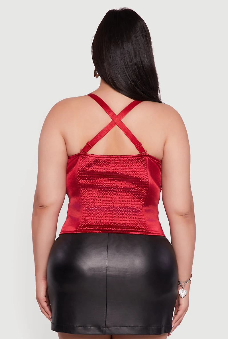 Womens Plus Satin Smocked Back Faux Leather Bustier Top, Red,