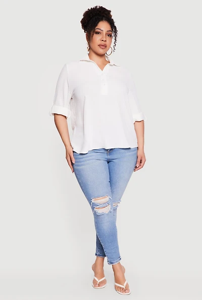 Plus Crepe Knit Short Sleeve Collared Blouse
