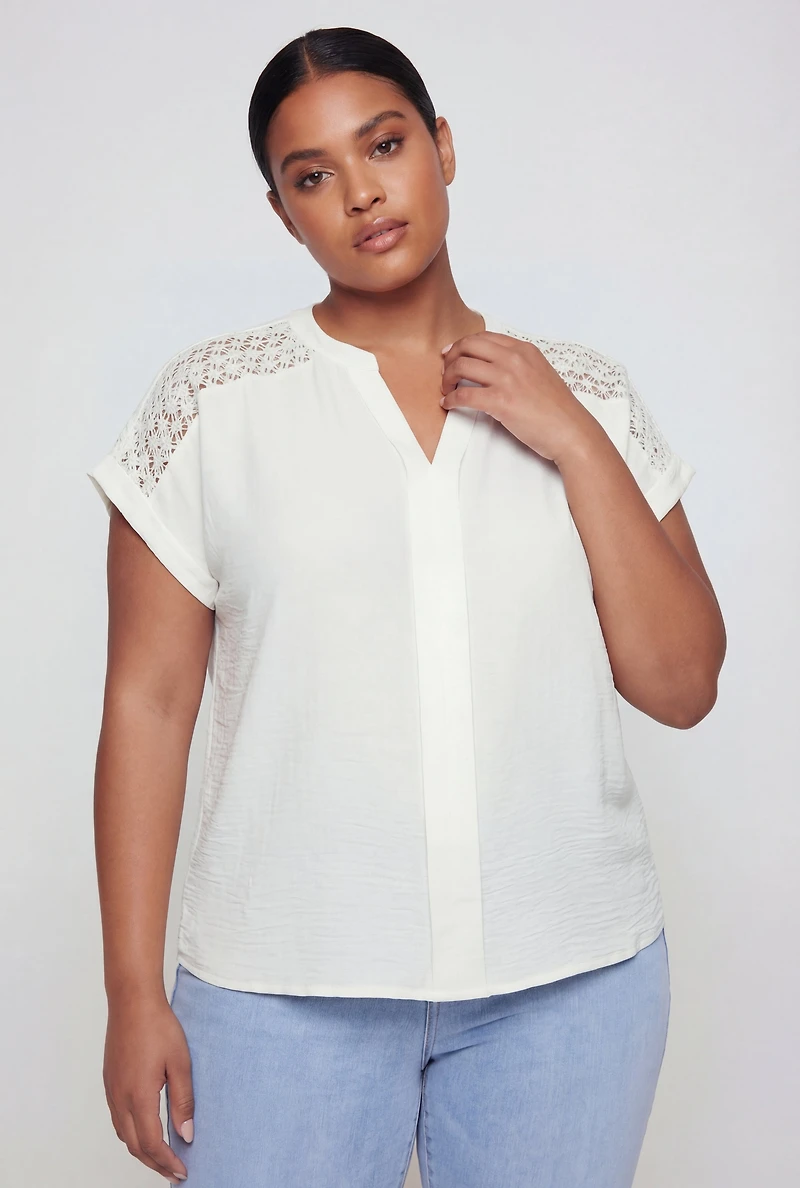 Plus Crochet Detail Notch Neck Top
