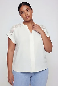 Plus Crochet Detail Notch Neck Top