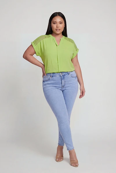 Plus Crochet Detail Notch Neck Top