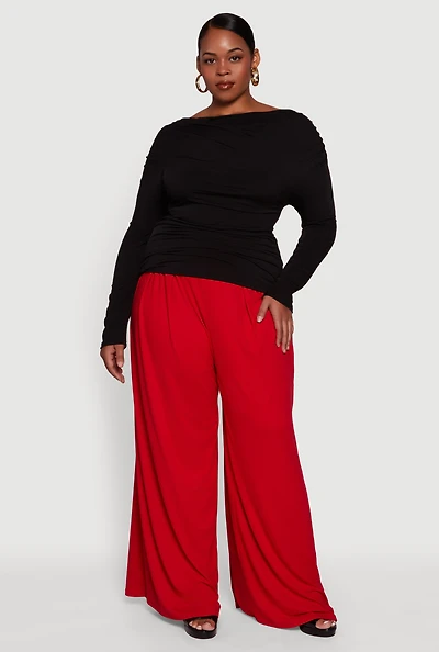 Womens Plus Cowl Neck Ruched Long Sleeve Blouse,